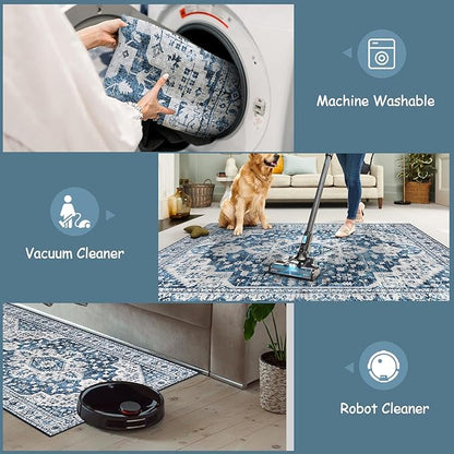 Moynesa Ultra-Thin Washable Area Rug - 3x5 Blue Kitchen Rugs Washable Rugs for Entryway Non Slip Front Door Mat, Non Shedding Low Pile Lightweight Indoor Carpet for Dorm Basement Foyer Living Room