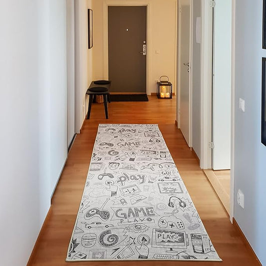 Ambesonne Video Games Decorative Rug, Monochrome Sketch Gaming Design Racing Monitor Device Gadget Teen 90's, Quality Carpet for Bedroom Dorm and Living Room, 2' 5" x 7' 5", Pale Grey