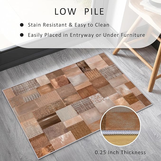 Patchwork Rug, Washable 5x8 Rug for Living Room, Geometric Brown Patterned Indoor Carpet, Patchwork Decor for Home, Bedroom, Soft Non Slip Thin Design FER9