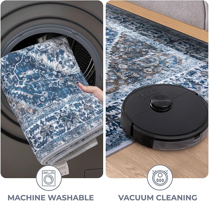 KOZYFLY Runners for Hallways 2x5 Ft Washable Kitchen Runner Rug Boho Runner Rug for Entryway Indoor Blue Printed Oriental Faux Wool Floor Carpet Runner for Laundry Room Kitchen Hall