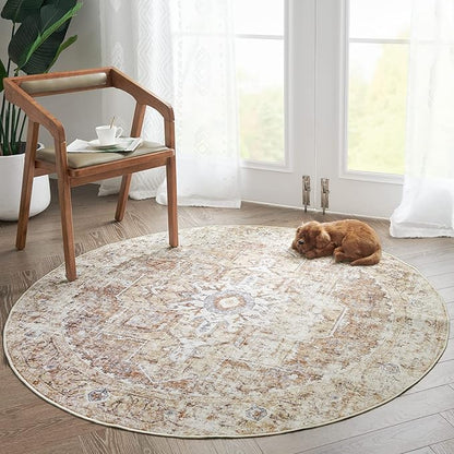 jinchan Kelda Round Rug 5ft Washable Area Rug Indoor Vintage Floor Cover Distressed Circle Mat 5' Round Lightweight Non Slip Low Pile Thin Carpet for Entryway Kitchen Living Room Bedroom Brick Red