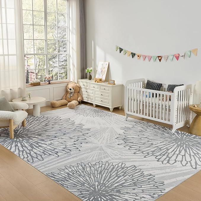WITSHOCK 12x14 Washable Rug for Living Room,Modern Floral Distress Print Pattern Area Rugs,Stain Resistant with Non Slip Backing Carpet for Dining Room,Bedroom & Home Decor,Grey White