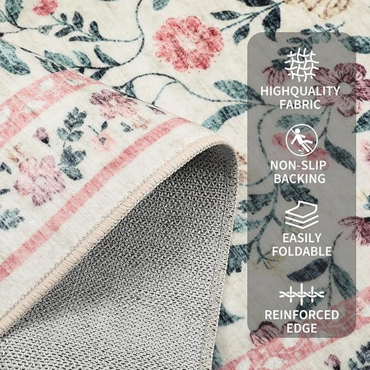 GarveeHome Washable Runner Rug 2.5 x 8 Non-Slip Non-Shedding Soft Vintage Bedside Low Pile Farmhouse Floral Carpet, Indoor Foldable Printed Entryway Rug for Hallway Kitchen, Pink