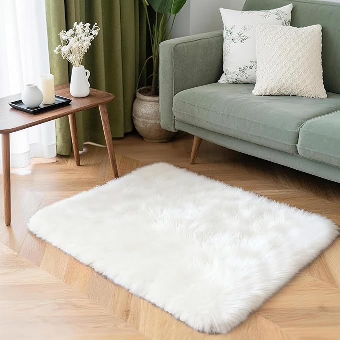 2x3 Solid Fluffy White Area Rug – Washable, Durable, Small Bedroom Rug, Non-Slip High Pile Shag Rugs for Living Room, Bedroom, Bedside, Dorms,Grils Rooms, Kids Room, Soft Indoor Floor Carpet