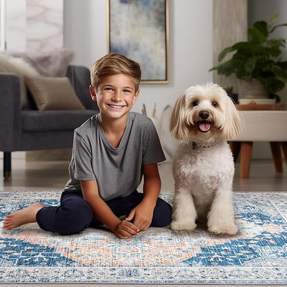 Area Rug for Living Room, 8x10 Machine Washable Non Slip Large Faux Wool Throw Rug, 0.3″ Low Pile & Non-Shedding Boho Large Carpet Rugs for for Dining Room, Bedroom, Office (Blue)