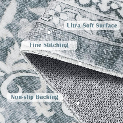 jinchan Floral 3x5 Area Rugs for Entryway - Taupe Vintage Distressed Design Doormat Non-Slip Ultra-Thin Low Pile Boho Rug for Kitchen Living Room Bedroom Farmhouse (3‘x5', Grey)