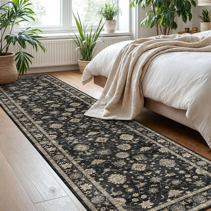 Kitchen Runner Rugs Non Skid Washable - 2.5x8ft Long Charcoal Black Boho Farmhouse Hallway Runner Rug Low Pile Vintage Moody Floral Carpet for Hallway Laundry Room Entryway Bedroom Foyer