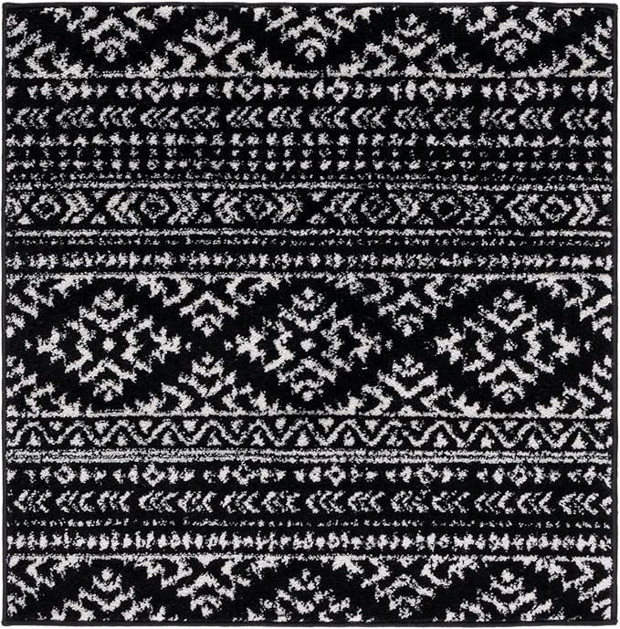 SAFAVIEH Tulum Collection Area Rug - 12' Square, Black & Ivory, Moroccan Boho Tribal Design, Non-Shedding & Easy to Clean, Ideal for Living Room, Bedroom, Dining Space (TUL272Z)
