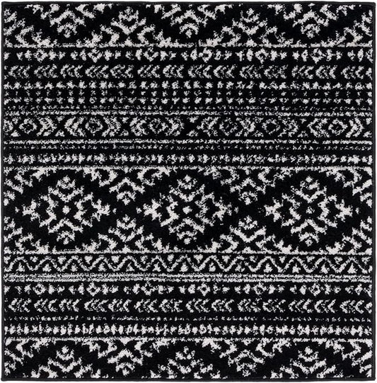 SAFAVIEH Tulum Collection Area Rug - 10' Square, Black & Ivory, Moroccan Boho Tribal Design, Non-Shedding & Easy to Clean, Ideal for Living Room, Bedroom, Dining Space (TUL272Z)