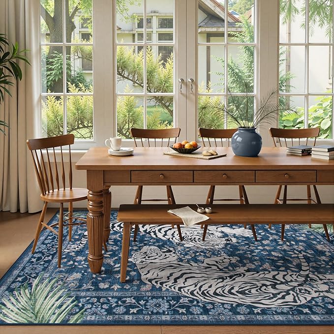 Moynesa Tiger Washable Area Rugs for Living Room, 5x7 Vintage Soft Rug for Bedroom, Non Slip Boho Botanical Ultra Thin Large Stain Resistant Throw Rug for Dining Guest Room, Blue