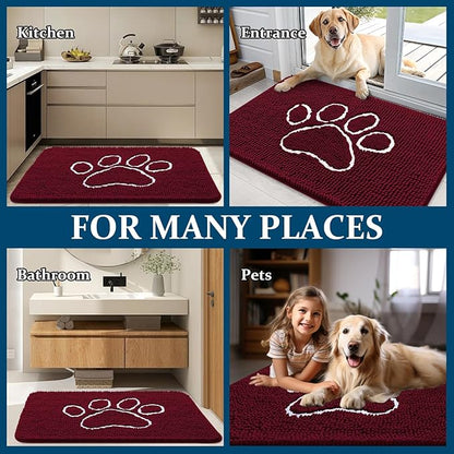 OLANLY Dog Door Mat for Muddy Paws 59x35, Paw Print Design, Absorbs Moisture and Dirt, Absorbent Non-Slip Washable Doormat, Quick Dry Chenille Mud Mat for Dogs, Entry Indoor Entryway Carpet, Burgundy