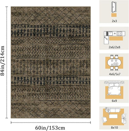 5x7 Machine Washable Area Rug for Living Room, Brown Black Vintage Moroccan Rug Large Non-Slip Low Pile Soft Faux Wool Carpet, Kids and Pets Friendly for Bedroom Dining Room Farmhouse Home Decor Rug