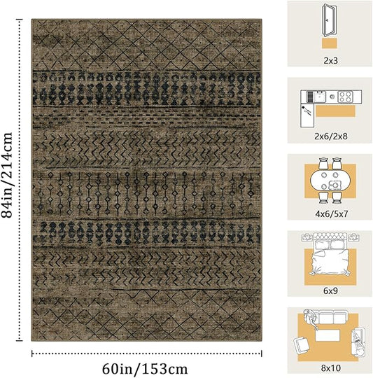 5x7 Machine Washable Area Rug for Living Room, Brown Black Vintage Moroccan Rug Large Non-Slip Low Pile Soft Faux Wool Carpet, Kids and Pets Friendly for Bedroom Dining Room Farmhouse Home Decor Rug