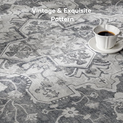 Marsail 5x7 Machine Washable Area Rug, Soft & Slip-Resistant Large Area Rug with Reinforced Bound Edges, Vintage Short-Pile Washable Rug with Floral Pattern for Living Room, Dinning Room and Bedroom