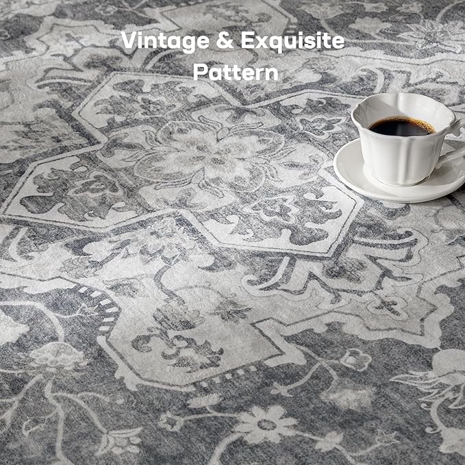 Marsail 6x9 Machine Washable Area Rug, Soft & Slip-Resistant Large Area Rug with Reinforced Bound Edges, Vintage Short-Pile Washable Rug with Floral Pattern for Living Room, Dinning Room and Bedroom