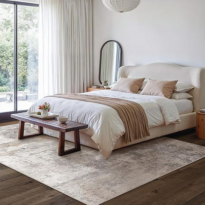 GENIMO Washable 8x10 Area Rugs for Living Room, Non Slip Modern Abstract Rug, Machine Washable Stain Resistant Low Pile Soft Carpet for Bedroom, Dining, Office, Light Grey Brown