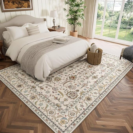 Washable 5x7 Area Rugs for Living Room, Boho Non-Slip Vintage Distress Rugs for Bedroom Dining Room Nursery Office, 0.3" Neutral Oriental Throw Thin Carpet with Cushioning Pad, Beige/Rust/Green/Multi