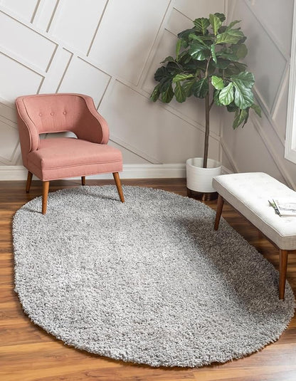 Unique Loom Davos Shag Collection Area Rug - Solid (5' 3" x 8' Oval, Sterling)