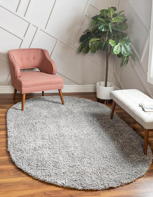 Unique Loom Davos Shag Collection Area Rug - Solid (5' 3" x 8' Oval, Sterling)