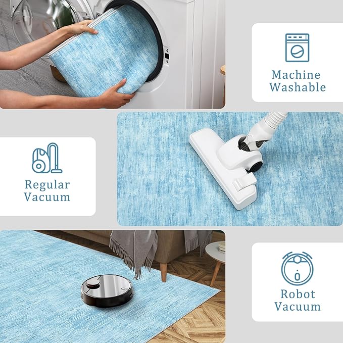 RUGSREAL Small Area Rug 2x3 Entryway Mat with Rubber Backing Stain Resistant Throw Carpet Modern Solid Color Bath Mat Contempowary Washable Rug for Living Room Bedroom Dining Room Kitchen, Blue 2x3