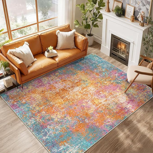Washable Area Rugs 8'x10' Non-Slip Modern Abstract Soft for Living Room Entryway Bedroom Nursery, Print Pattern, Orange Blue Pink Yellow Colorful