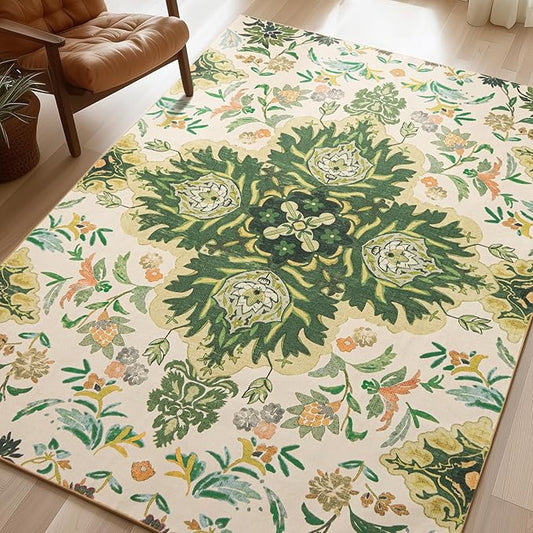 Phantoscope Washable Area Rug 4'x6' Non-Slip, Vintage Boho Rugs for Living Room, Bedroom, Dining Room, Neutral Green Floral Medallion Pattern, Low-Pile Foldable Floor Carpet, Forest Green/Cream