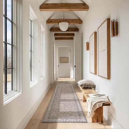 Kuden 2'6"x7' Runner Rug, Machine Washable Area Rug with Non-Slip Backing, Vintage Style, Soft, Easy Clean, Low Pile Rug for Hallway, Entryway, Kitchen, Bedroom