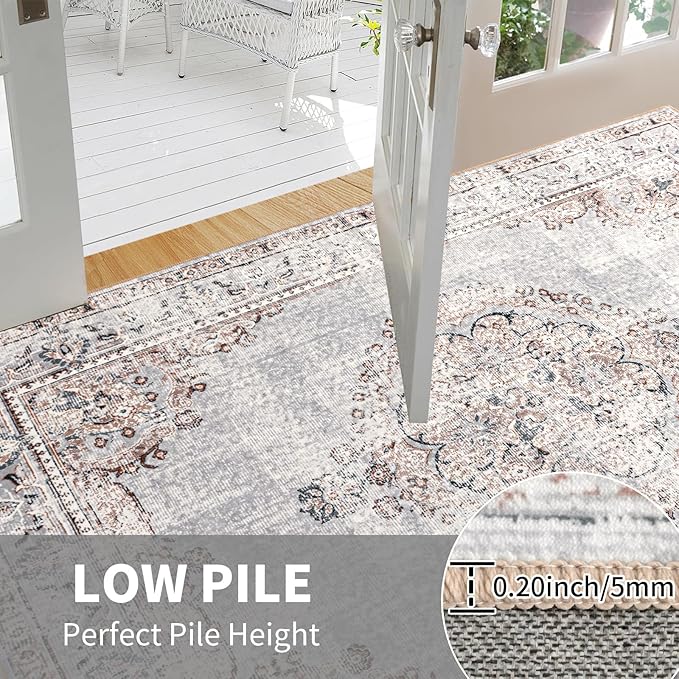 Easy-Going Large Area Rug 8x10 Washable Boho Rugs for Living Room Non-Slip Bedroom Rug Low Pile Lightweight Vintage Distressed Throw Rug for Dining Room Kitchen Home Office Carpet, Grey Brick
