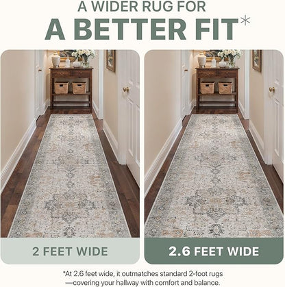 Runner Rug 2'6''x4, Non Slip Hallway Runner Rugs, Low Pile Lightweight Machine Washable Vintage Rug for Hallway, Entryway, Bedroom, Kitchen and Corridor,Light Taupe Brown
