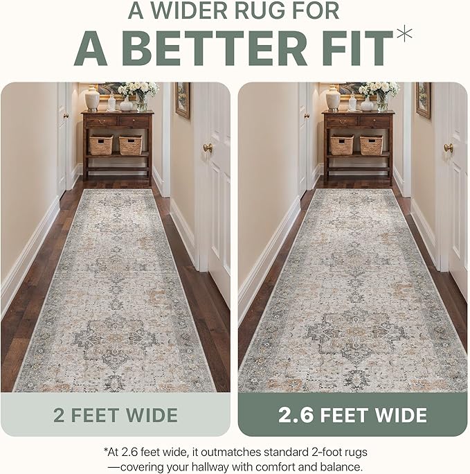 Runner Rug 2'6''x12, Non Slip Vintage Hallway Runner Rugs, Low Pile Lightweight Machine Washable Mat for Hallway, Entryway, Bedroom, Kitchen and Corridor, Light Taupe Brown