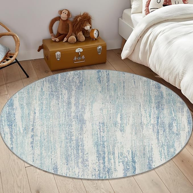 MUJOO Round Rugs 5ft,Circle Area Rug Washable,Circular Rugs for Living Room Dining Room,Modern Abstract Non Slip Throw Carpet Accent Neutral Blue
