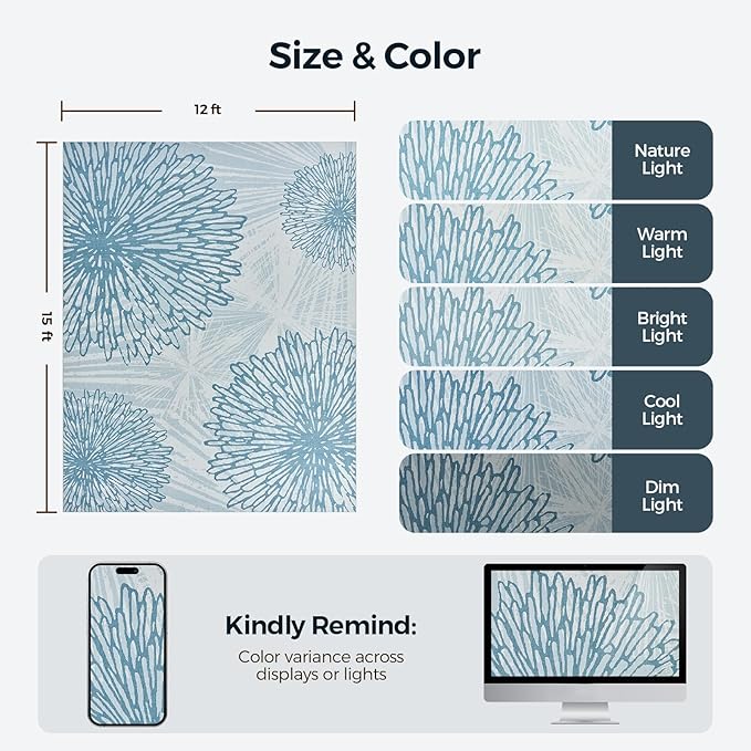 WITSHOCK 12x15 Washable Rug for Living Room,Modern Floral Distress Print Pattern Area Rugs,Stain Resistant with Non Slip Backing Carpet for Dining Room,Bedroom & Home Decor,Blue/Light Blue