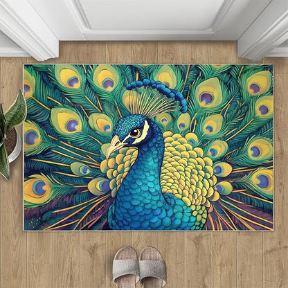 Peacock Rug 2x3-2x3 Rug, Wonderful Peacock Area Rugs for Bedroom, Teal Turquoise Rugs for Living Room, Modern Style Washable Mat, Malachite Green Feather Carpet - Peafowl Home Decor & Gifts