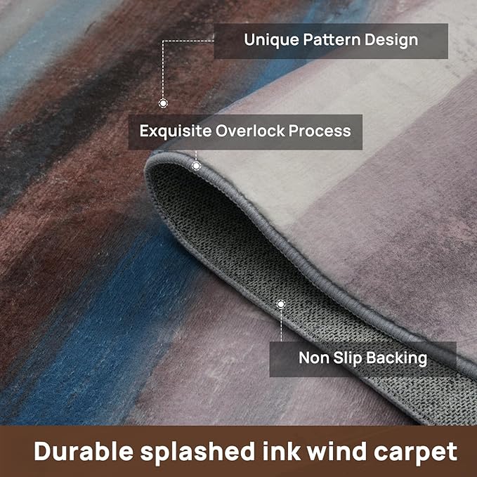 4x6 Abstract Rug for Entryway, Modern Stripe Washable Indoor Entry Way Area Rugs, Soft Non-Slip Door Mat Floor Carpet for Dining Room Kitchen Bedroom - Blue/Brown/Multi