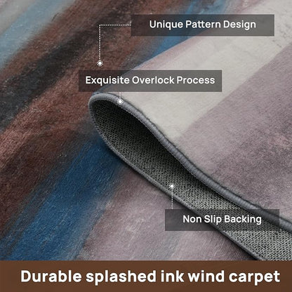 Abstract 6x9 Area Rug, Modern Stripe Pattern Teal Rugs for Living Room, Washable Soft Large Non-Slip Floor Carpet for Dining Room Office Bedroom - Blue/Brown/Multi
