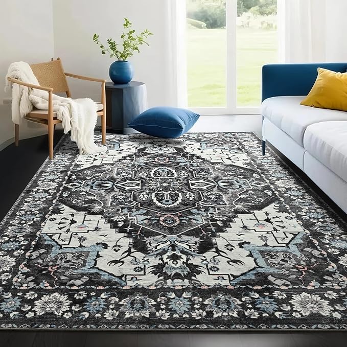 Beglad Area Rugs 5x7 for Living Room, Bedroom, Washable Vintage Rugs -Low Pile Soft Distressed Rugs for Kitchen, Dining Room, Non Shedding, Black and Blue