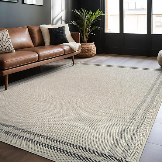 Easy Jute Rugs 8x10 Bordered Bone Color Living Room Indoor Outdoor Area Rug for Patio and Kitchen Rug High Traffic Washable Easy to Clean Solid Boho Woven Design Outside Carpet (8 x 10)