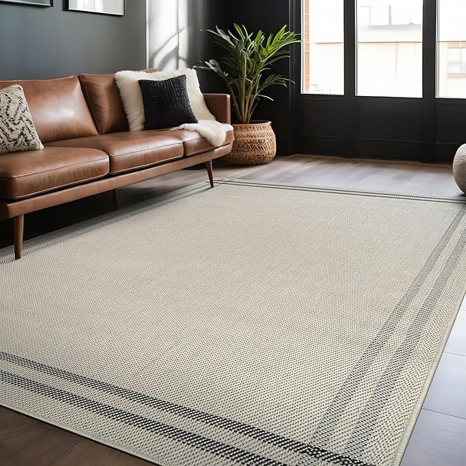 Easy Jute Rugs 5x7 Bordered Bone Color Living Room Indoor Outdoor Area Rug for Patio and Kitchen Rug High Traffic Washable Easy to Clean Solid Boho Woven Design Outside Carpet (5 x 7)