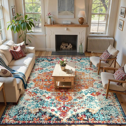 Lahome Boho Rugs for Living Room 8x10,Washable Orange Bedroom Area Rug Soft Low Pile Dining Room Rugs for Under Table,Vintage Thin Non Slip Printed Nursery Area Rug for Playroom Office(8x10ft Orange)
