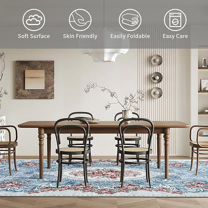 Easy-Going Area Rug 6x9 Washable Floral Rugs for Living Room Non-Slip Bedroom Rug Low Pile Lightweight Retro Flowers Throw Rug for Dining Room Kitchen Home Office Carpet, Teal Red