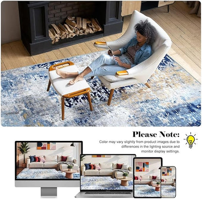 Washable Abstract Rug, 4x6 Modern Area Rugs with Non-Slip Rubber Backed for Living Room, Thin but Soft Contemporary Carpet Kitchen Bedroom Decor, Midnight Blue