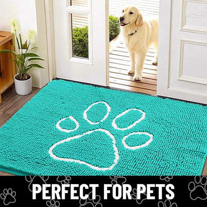 Smiry Dog Door Mat for Muddy Paws, Absorbent Dirt Trapper Non Slip Quick Dry Washable Chenille Mat for Mud Dogs, Entry Rug for Indoor and Outdoor (36x24 Inches, Turquoise and White)