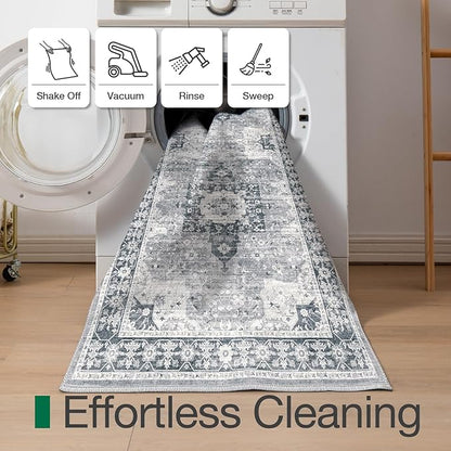 LUMI Indoor Thin Door Mat, 18x30 Washable Small Inside Doormat, Non Slip Low Pile Oriental Floor Carpet, Vintage Distressed Area Rug for Front Door,Entrance,Bedroom, Blue