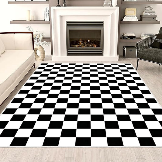 Checkered Rug 4x6 Rugs for Living Room Modern Minimalist Washable Black and White Checkered Non-Slip Large Rug for Office Playroom (Black and White, 4x6ft)