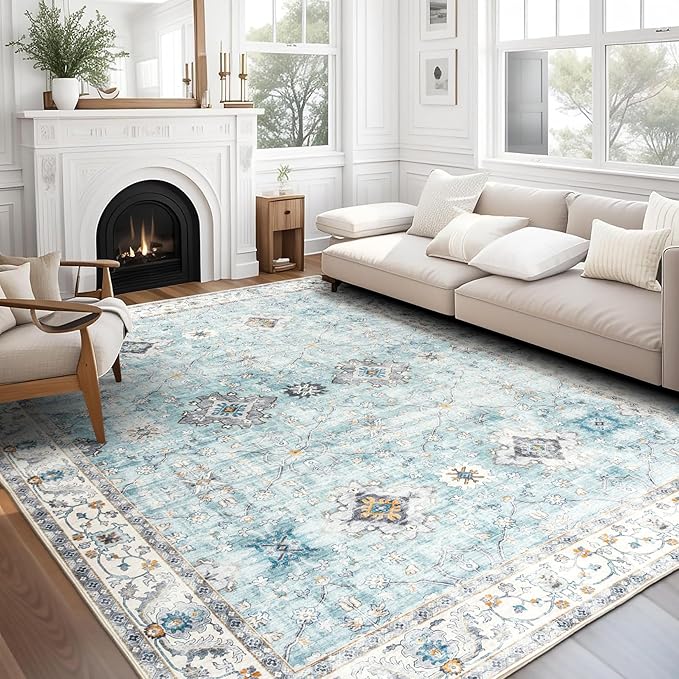 ReaLife Rugs Machine Washable Area Rug Runner - Living Room Bedroom Bathroom Kitchen Entryway Office - Padded Low Pile Stain Resistant Premium - Boho Farmhouse Vintage - BEV - Blue Ivory 3' x 5'