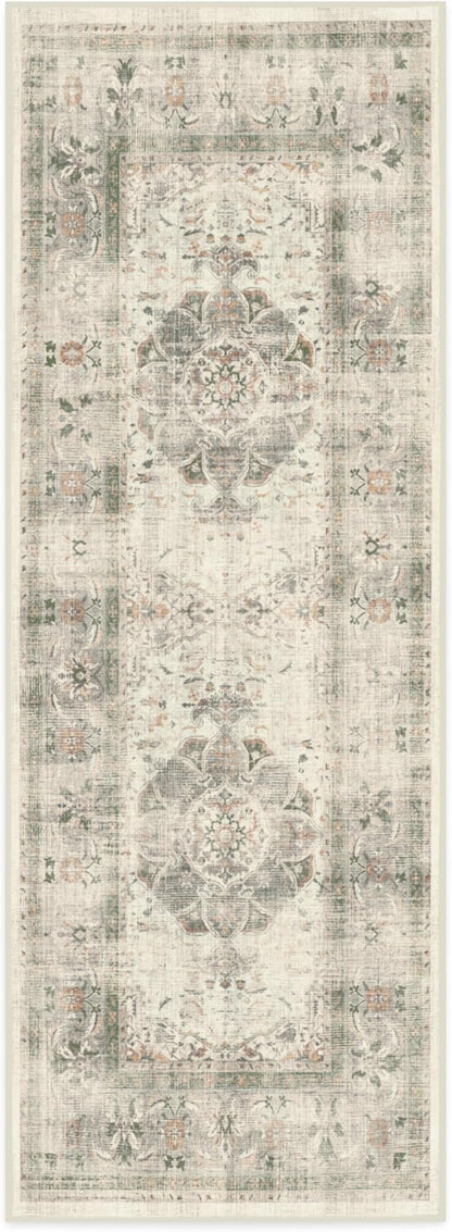 RUGGABLE Washable Vintage Runner Rug – Sarrah Sage 2.5x7, Stain-Resistant, Non-Slip Hallway Runner – Machine Washable Rug for Hallway, Entryway, Living Room & Kitchen – with Standard Pad