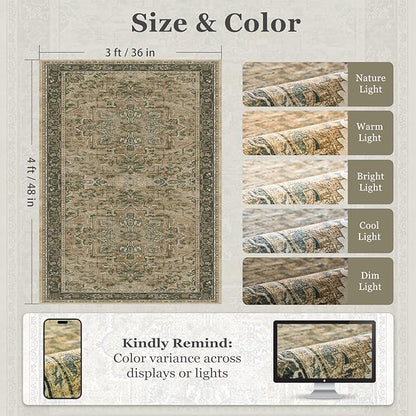 Moody 3x4 Rugs for Entryway Indoor, Distressed Medallion Door Mat Indoor Entrance, Washable Non Slip Low Pile Thin Small Carpet Rug for Kitchen/Bedroom/Bathroom/Laundry Room, Multi Brown/Olive