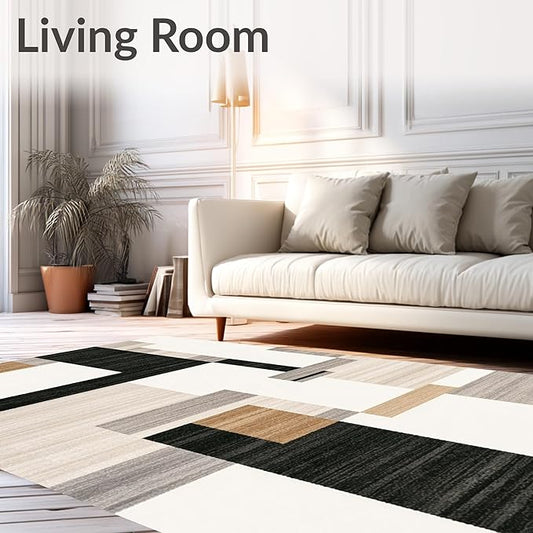 Flatwoven High Traffic Area Rug 8x10, Dark Beige Geometry and Dirt Trapper Design, Non Slip, Stain Resistant, Washable Area Rugs for Living Room, Bedroom (Beige, 8x10)