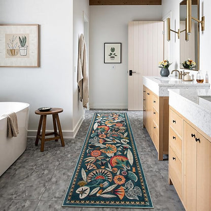 Boho Washable Green Bathroom Kitchen Runner Rug, 2x8 Egypt Hallway Entryway Rug Runner, Non Slip Botanical Floral Vintage Carpet for Entry Living Laundry Room (Dark Green, 2 x 8)
