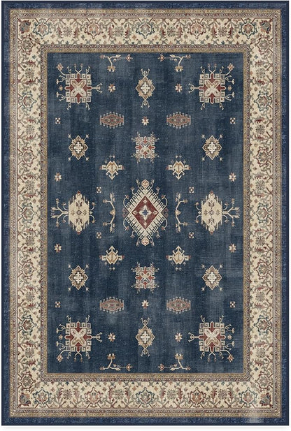RUGGABLE Washable Vintage Area Rug – Verena Sapphire 4x6, Stain-Resistant, Non-Slip – Medium Machine Washable Rugs for Living Room, Bedroom, Hallway, Entryway & Office–with Cushioned Pad